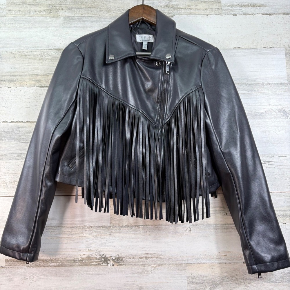 Sofia Jeans by Sofia Vergara Black Faux Leather Fringe Moto Jacket S Festival - Picture 2 of 12